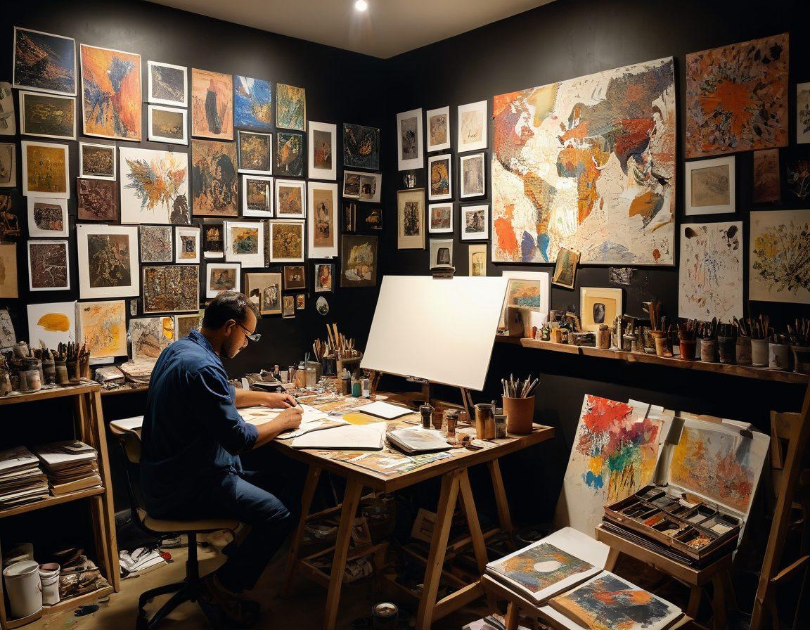 A collage of G. Barbosa's artistic workspace, showcasing vibrant splashes of paint on canvas, scattered inspiration boards with sketches and notes, and a focused artist in action. Dim lighting highlighting the textures of the art supplies, with a glimpse of finished pieces hanging on the walls. The atmosphere should evoke creativity and curiosity. super-realistic. vibrant colors. artistic ambiance.