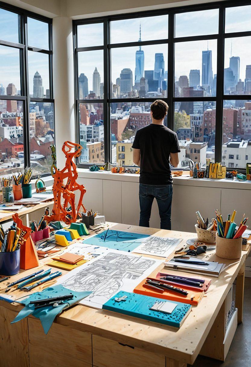 A modern art studio filled with colorful sketches, prototypes, and creative tools scattered across the workspace. A large window showcases a vibrant city skyline, teeming with futuristic architecture, symbolizing innovation. In the foreground, an artist passionately works on a unique sculpture made from recycled materials. Bright, cheerful colors dominate the scene, emphasizing creativity and inspiration. super-realistic. vibrant colors. bright background.